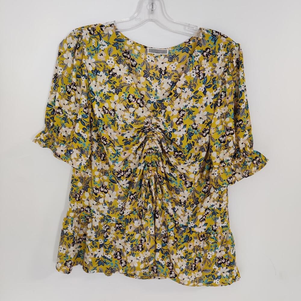 Pleione Women's Ruched Tshirt Blouse Size Large Floral Y2K Bohemian